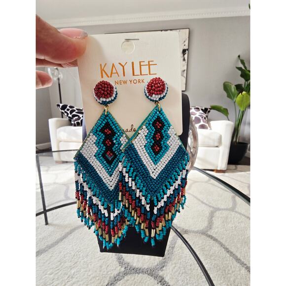 Kay Lee Boho Beaded Blue Earrings New - Picture 2 of 3